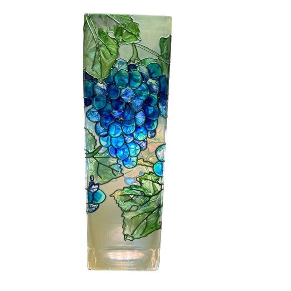 Hand Painted Grapes Vines Leaves Stained Glass Vase Joan Baker Designs 10" Tall - Picture 4 of 15